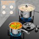 Stainless steel cookware set featuring two pots with tempered glass lids, suitable for gas, electric, and induction.