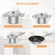 7-piece stainless steel cookware set including a 5.5 QT stock pot, 3 QT stock pot, 1.5 QT saucepan, and 9.5" fry pan.