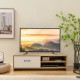 TV stand with spacious tabletop, 2 open shelves, and a drawer, accommodating up to 55-inch TVs for versatile storage.