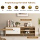 TV stand with spacious tabletop, large pull-out drawer, and 2-tier open shelf for organized storage in living room.