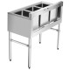 Stainless steel utility sink with three compartments, adjustable legs, and high backsplash for commercial kitchen use.