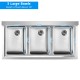 Three-compartment stainless steel utility sink with 10" deep bowls, ideal for commercial kitchen use and efficient.