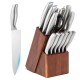 14-piece stainless steel kitchen knife set with rubber wood block and sharpener, featuring various knife types for.