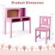 Kids desk and chair set in pink with hutch and bulletin board, featuring ample storage for books and notes.