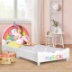 Children's twin size upholstered platform bed with a unicorn headboard, designed for safety and comfort during.