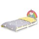 Children's twin size upholstered platform bed with unicorn headboard and colorful bedding, ideal for transitioning from.