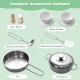 Stainless steel pan, pot with lid, bowls, plates, and utensils for the Double Sided Kids Pretend Kitchen Playset.
