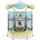 Kids trampoline with detachable yellow canopy and safety enclosure net, designed for indoor and outdoor fun.
