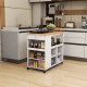 Kitchen island trolley cart on wheels with white finish, rubber wood countertop, open shelves, and adjustable storage.