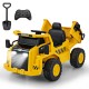 Bright yellow 12V Caterpillar kids ride-on dump truck with LED headlights and tiltable bump bed for outdoor fun.