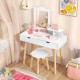 Kid vanity table set in white with mirror, two large drawers, and stool, perfect for children's play and storage.