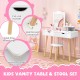 Kids vanity table and stool set in white with removable mirror, large storage drawers, and solid pine wood legs for.