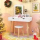 Kid vanity table and chair set in white with mirror, featuring 2 large storage drawers for versatile use.