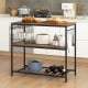 Industrial kitchen island with rustic brown shelves, wine rack, and metal frame, perfect for prep and storage.