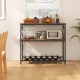 Industrial kitchen island with rustic brown top, featuring 3 shelves and a wine rack for versatile storage and prep.