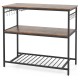 Industrial prep table with rustic brown surface, two solid shelves, and a wine rack for versatile kitchen storage.