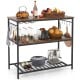 Industrial kitchen island with rustic brown finish, featuring 3 shelves and a bottom wine rack for versatile storage.