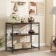 Rustic brown 3-shelf kitchen island with metal frame, wine rack, and adjustable pads for stability in various settings.
