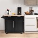 Heavy duty black rolling kitchen cart with rubber wood top, two drawers, and lockable casters for versatile kitchen use.