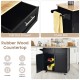 Heavy duty rolling kitchen cart in black with rubber wood countertop, featuring pull-out drawers and towel bar for.