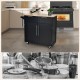 Heavy duty rolling kitchen cart in black with versatile design, featuring double doors and spacious rubber wood top for.