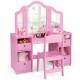 Kids pink vanity table and chair set featuring removable mirrors and four storage bins for organized play and.
