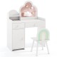 Kids vanity table and chair set in white with cloud-shaped mirror, open shelf, and storage for playroom or bedroom use.