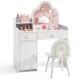 Kids vanity table and chair set in white with cloud-shaped mirror, open shelf, and ample storage for playroom or.