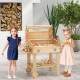 Kids wooden barbecue grill playset with food and wheels, perfect for pretend play in backyards or playrooms.