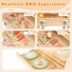 Kids wooden barbecue grill playset with 25 accessories, featuring skewer, fire, and turn functions for realistic play.
