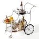 Kitchen rolling bar cart with tempered glass shelves, metal frame, and wheels, ideal for restaurants and hotels.