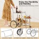 Kitchen rolling bar cart with tempered glass shelves, 3-tier design, and elegant rear wheels for easy mobility.