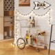 Rolling bar cart with tempered glass shelves, metal frame, and wheels, ideal for kitchen or hotel use.