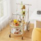 Kitchen rolling bar cart showcasing a 3-tier design with a raised handle and glass shelves, perfect for stylish storage.