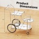 Kitchen rolling bar cart with tempered glass shelves, metal frame, and dimensions for easy mobility and storage.