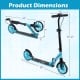 Kick scooter dimensions showing adjustable handlebar height and large light-up wheels for kids and adults.
