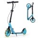 Foldable blue kick scooter with large light-up wheels, adjustable handlebar, and front suspension for smooth rides.