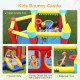 Colorful kids' inflatable bouncer with large jumping area, slide, and basketball hoop for outdoor fun.
