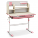 Kids study desk with adjustable height, pink accents, and hutch for storage, perfect for growing children.