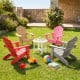 Colorful kids' Adirondack chairs in red, beige, and gray with a white table, perfect for outdoor play and relaxation.