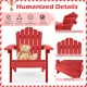 Kids Adirondack chair in red with tilted high backrest and widened armrests, perfect for outdoor relaxation.