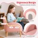 Kids armchair in pink teddy fleece, featuring a high backrest and curved armrests, designed for comfort and support.