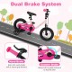 Kids bike with dual brake system, pink 12-inch frame, and detachable training wheels for ages 3-7.