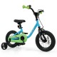 Kids bike in blue with green accents, 12-inch wheels, training wheels, and dual brake system for ages 3-7.