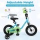 Kids bike with adjustable height, 12-inch blue frame, detachable training wheels, and dual brake system for safety.