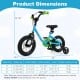 Product dimensions chart for a blue 12-inch kids bike, suitable for ages 3-7, showing height and weight specifications.