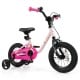 Kids bike in pink for ages 3-7, featuring a 12-inch frame, training wheels, and dual brake system for safe riding.