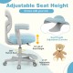 Kids desk chair in blue with adjustable height, swivel seat, and footrest for ergonomic study comfort.