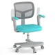 Kids desk chair in green with adjustable height, armrests, and footrest for ergonomic comfort and easy movement.