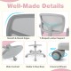 Kids desk chair in pink featuring adjustable height armrest, wide footrest, and ergonomic mesh backrest for comfort.